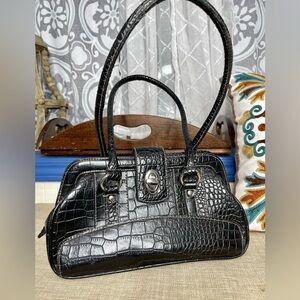 Women's Vegan Croco Black Concealed Carry Shoulder Purse Long Handles